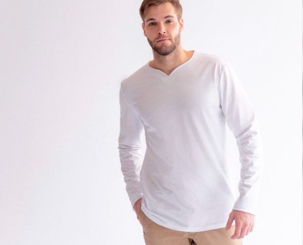 Мужской белый лонгслив с V вырезом из 100% органического хлопка Uzor Wear